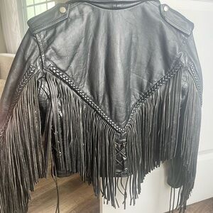 Unik Black Leather Biker Jacket with Fringe